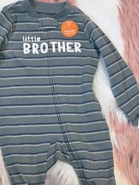 Carter's Blue Striped "Little Brother" Zipper Footed One-Piece Green 3 M